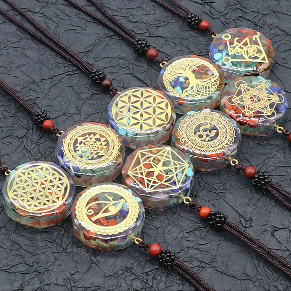 7 Chakra Orgone Energy Pendant Chip Stones Metatron's Cube Merkaba Sacred Geometry Amulet OM Reiki Healing Crystal Yoga Necklace