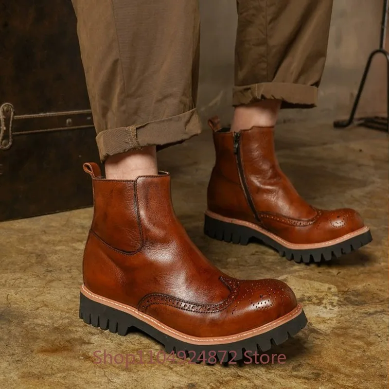 American Retro Ankle Boots Men Genuine Leather Thick Sole Casual Side Zipper British Height Increasing Chelsea Boots Male Shoes