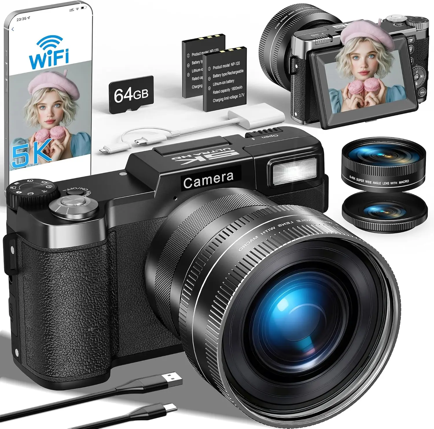 5K WiFi Vlogging Camera with Flip Screen, 64GB Card & Lens Kit - Perfect for Beginners and Content Creation