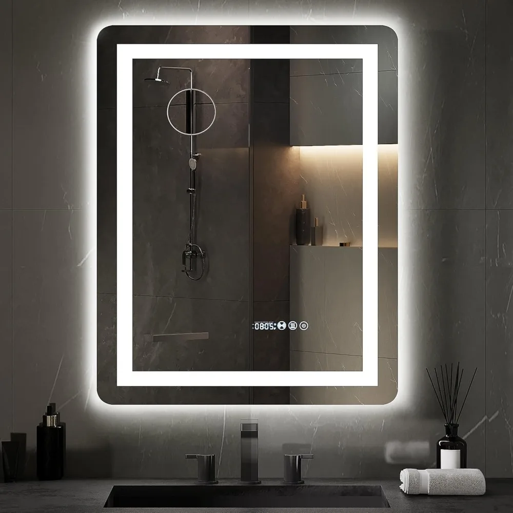 LED Bathroom Mirror with Motion Sensor, Anti-Fog, Dimmable Lights, and Magnifying Glass for Modern Vanity