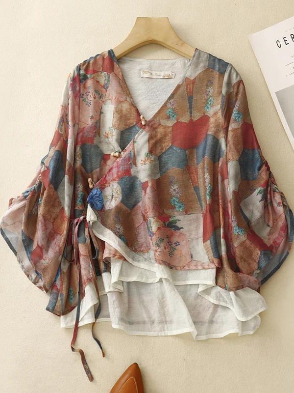 Retro Flax Double Layered irt Top Ethnic Sle V-Ne T-irt Summer New Arrival Women's Loose Fit Printed Tee