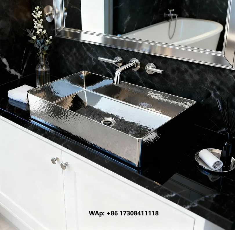 Luxury Custom 316 Stainless Steel Vessel Sink 3mm Thick Hand Hammered Nickel Plated Silver Rectangular Contemporary Bathroom