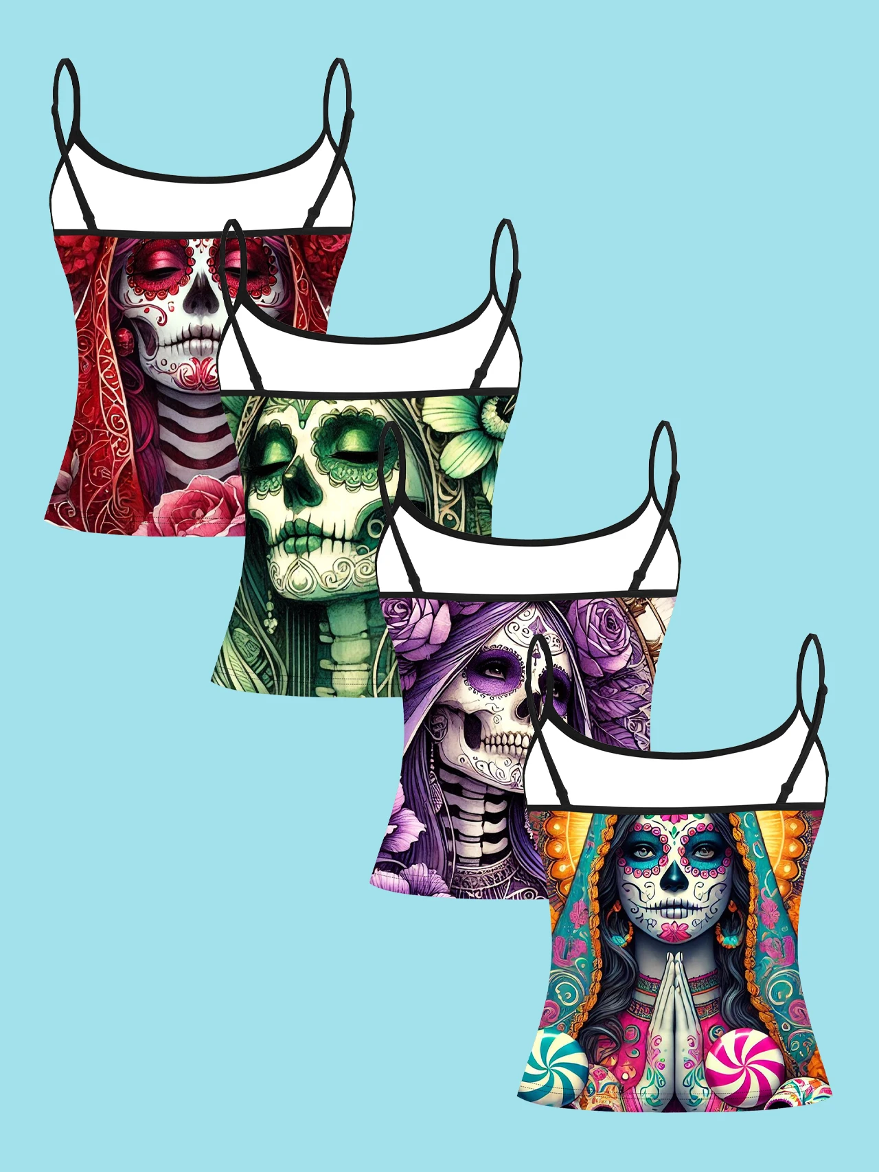 4-Piece Set of Day of the Dead Colorful Sugar Skull Rose Print Camisole Tops for Women, Mexican Style Spaghetti Strap Slim Fit Inner Wear Tops