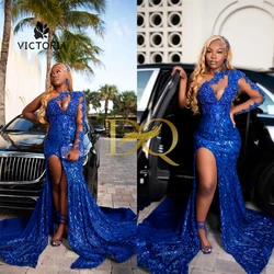 Luxious Royal Blue Sequined Lace Split Mermaid Prom Dress For Blackgirls Luxury Evening Dress Wedding Party Gown Customized