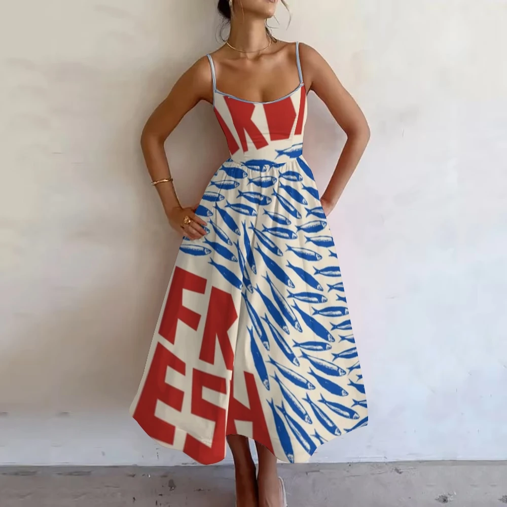 Trendy Sardines Graphic Dress Spliced Design Sense Waist Strap Dress Sexy Backless Luxury Date Wear Women 2024 New Style