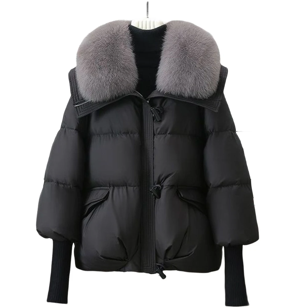 

Thick Down Cotton Parka Coat for Women with Big Hair Collar Collar and Lapel Neckline Short Bread Suit Style Warm Winter Jacket