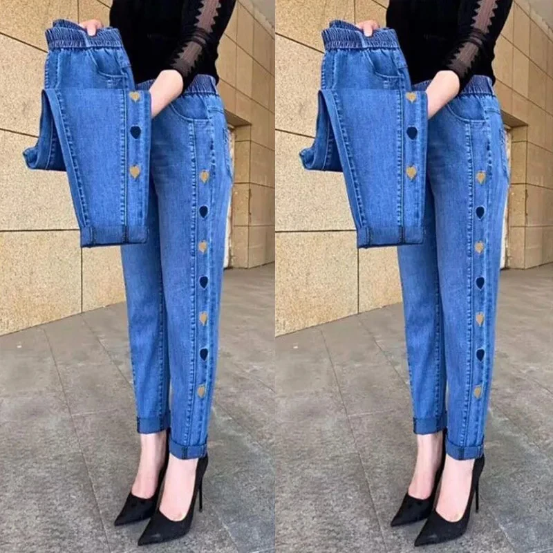 Fashion Casual Mom Jeans Summer Big Size Women Thin 40 Or 50 Years Old Heart Women High Waist Stretch 2024 Spring Autumn Slimmin