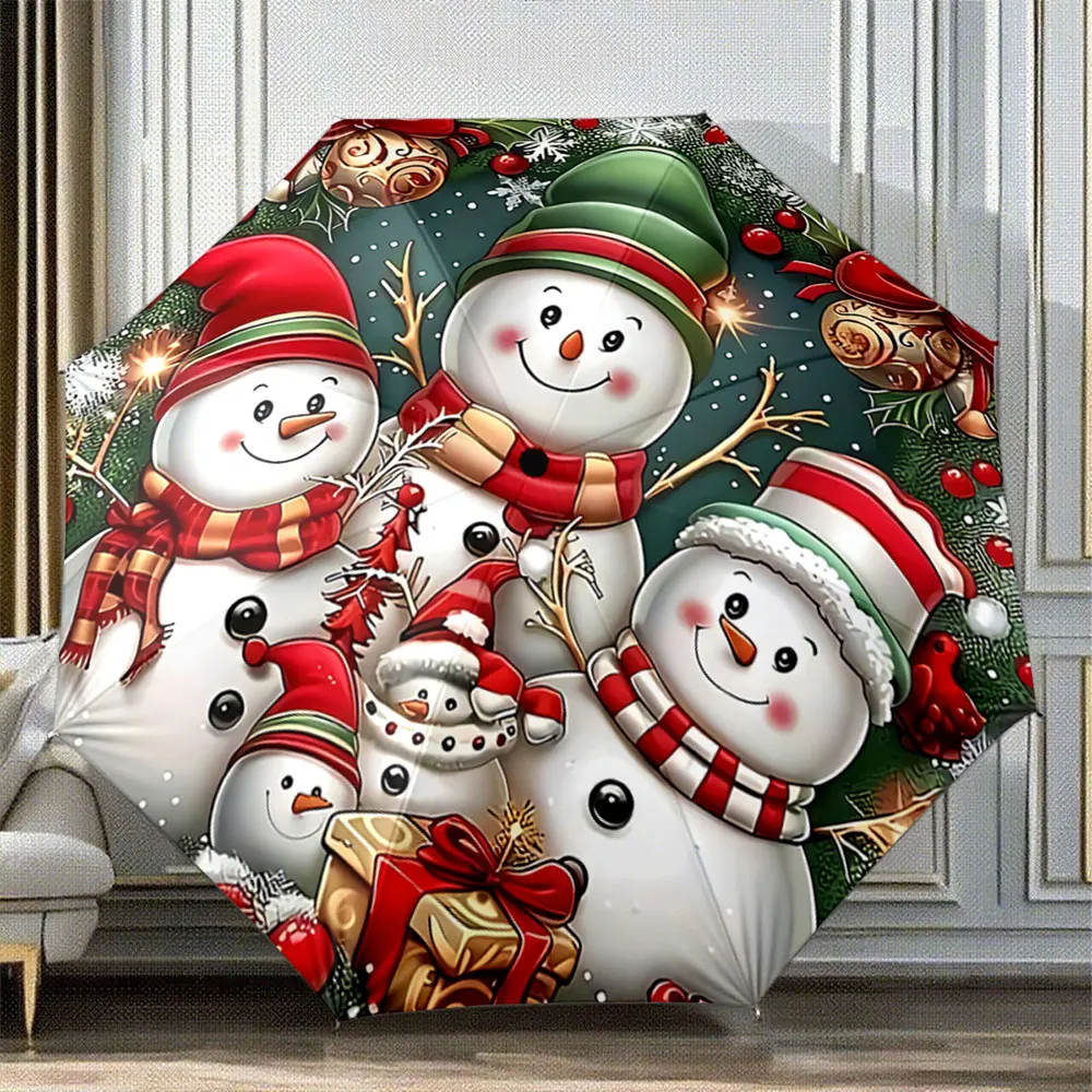 Festive Snowman Family with Holiday Gifts and Decorations Portable Folding Umbrella, Gift for Family And Friends