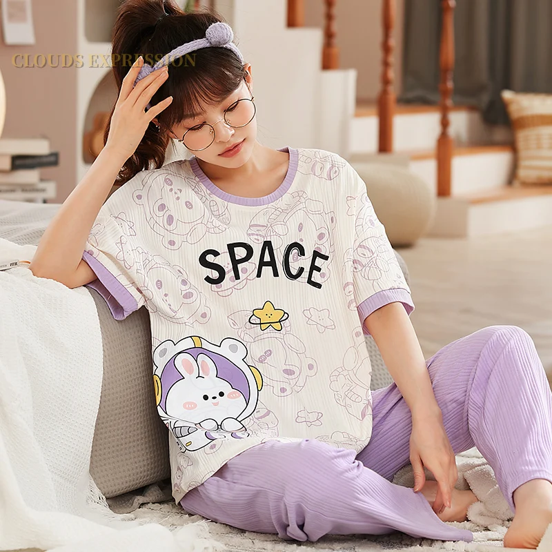 Spring Summer Nightwear Girsl PJ Elegant Women Pajama Sets Pyjamas Femme Plaid Sleepwear Purple Loungewear Pijama Mujer Homewear