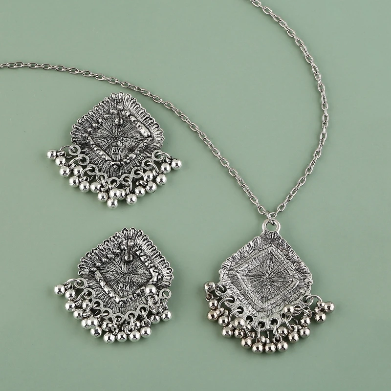 Indian Jwellery Sets For Women Ethnic Silver Color Rhombus Flower Carved Bells Indian Necklace&Earring African Jewelry