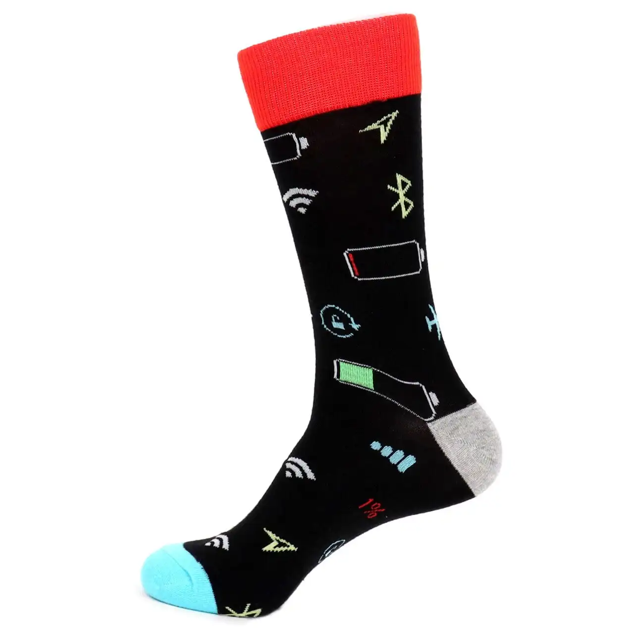 1 pair Fun Tech Symbol Men's Mid-Calf Socks - Red & Black Contrast Trendy Socks (Signal/Battery Elements)