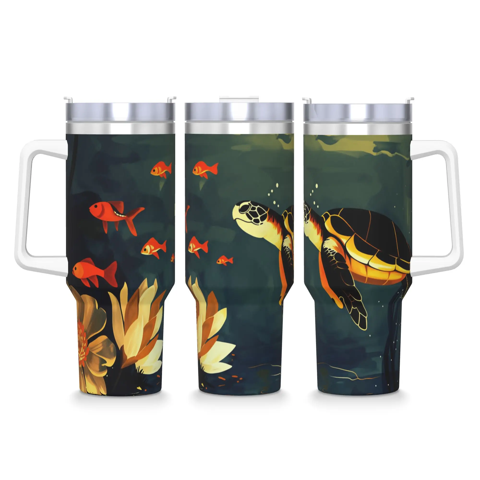 Vintage Sea Turtle Goldfish Lotus Pond Art Stainless Steel Tumbler  Driving Mugs Cup Large Capacity Coffee Mug Drinks Bottle