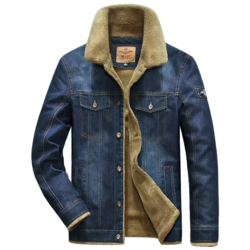 

Winter Mens Denim Jacket High-quality Wool Thicked Thermal Coat Multi Pocket Lapel Fashion Casual Jackets Size 7XL Men Clothing