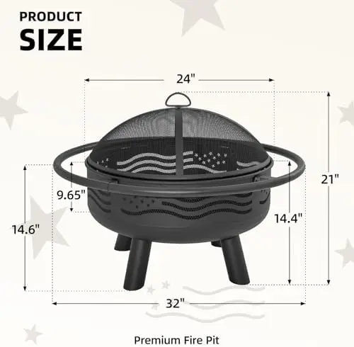 32 Inch American Flag Fire Pit with Mesh Cover & Poker, Round Metal Wood Burning Outdoor Firt for Patio, Garden