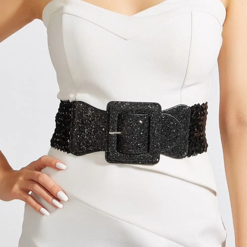 Boucle carrée en métal Blingbling paillettes Cummerbunds brillant Style coréen taille Corset ceintures ceinture élastique fermeture de taille