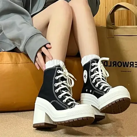 Women's Canvas Shoes Hot Sale Of The Season New Retro High Heels Thick Bottom round Head Lace-Up Waterproof Platform Heightening