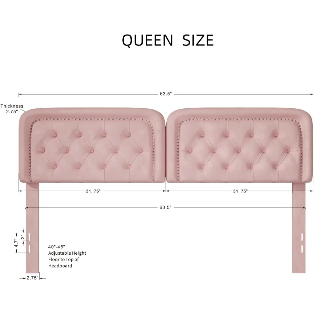 لوح رأسي منجد معنقدة بحجم كوين، ارتفاع قابل للتعديل، هيكل من الخشب الصلب، متين مع زخرفة رأس الأظافر، غرفة نوم أنيقة #2