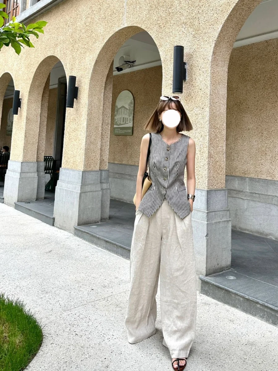 

Retro Hong Kong Sle Women's round Ne Striped Cotton Linen Vest Open Cardigan Summer High Waist Slimming Outerwear