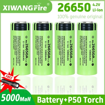 대용량 충전식 배터리, 4.2V, 26650 리튬 배터리, 5000MaH, 3C 방전, 토치, 무료 P50 LED 손전등 선물 