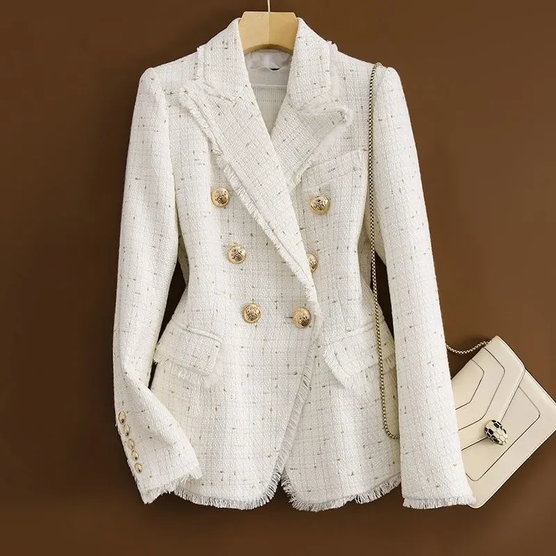 Spring Autumn New Double-Breasted Gold Line Suit Jacket Women's Outwear Fashion Slim Tassel Chic Casual Blazer Coat Tops