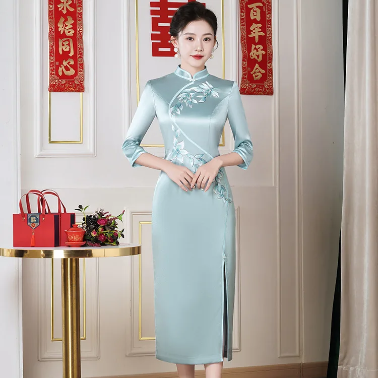 Yourqipao Chinese Wedding Mother of The Bride Dress Women Embroidery Cheongsam Evening Gowns Satin Wedding Guest Dresses