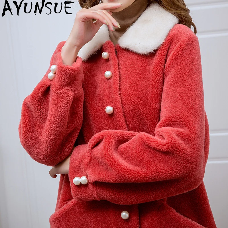 AYUNSUE-abrigo de lana de 100% para mujer, chaqueta de piel de visón con cuello de piel de oveja, ropa de invierno, piel compuesta femenina, Пitzakто Ж Jayaе