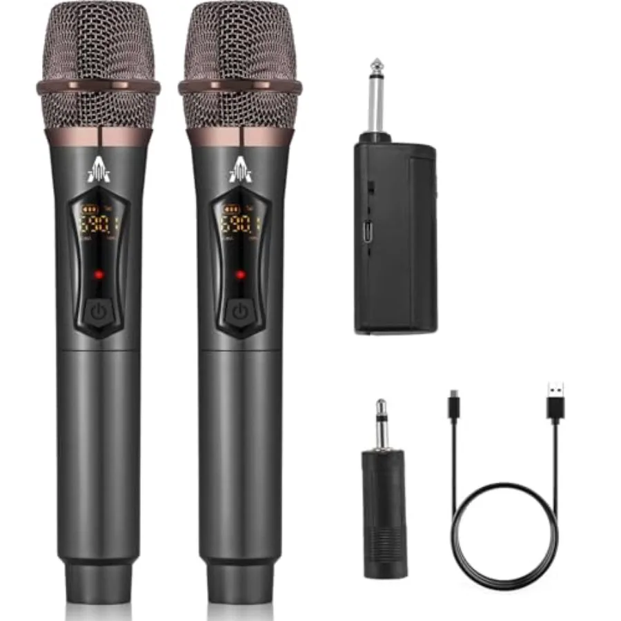 

Wireless Microphones, Metal Dynamic Microphone System with Rechargeable Receiver, 50H Duration, 200ft Range, Microphone for Kar