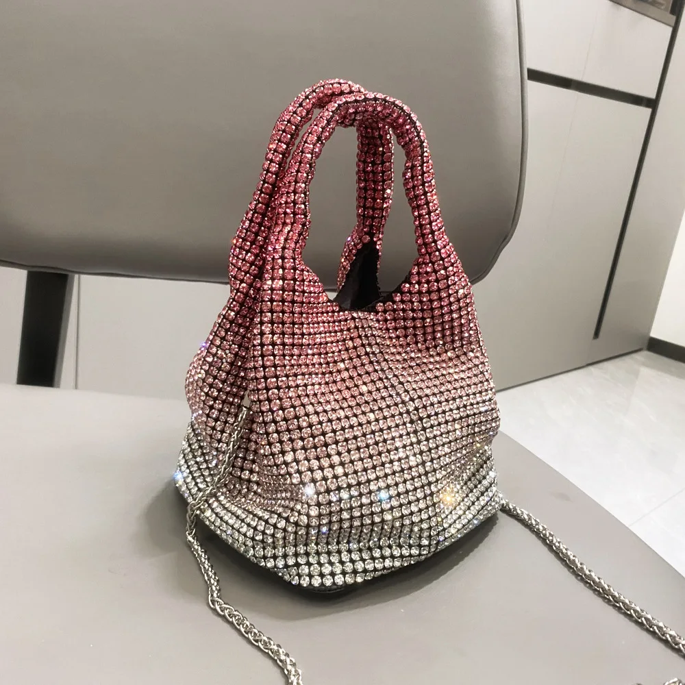 Graduated Color Rhinestone Handheld Bucket Bag Evening Women's Bag Crystal Single Shoulder Slant Cross Small Bag Handheld Bag