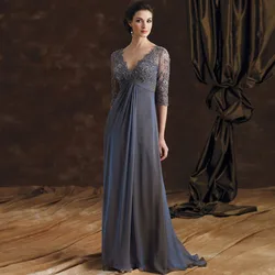Vestidos grises para madre de la novia, Apliques de encaje elegantes con cuentas, cuello en V, talla grande, fiesta de boda, noche para madre, novedad de 2024