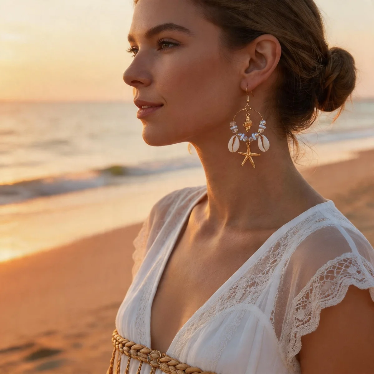Kristall-Kreis Muschel Seestern Quasten-Ohrringe für Damen und Herren Boho Ozean Seepferdchen Ohrringe Trendiger Sommer-Strandschmuck – Detail 6