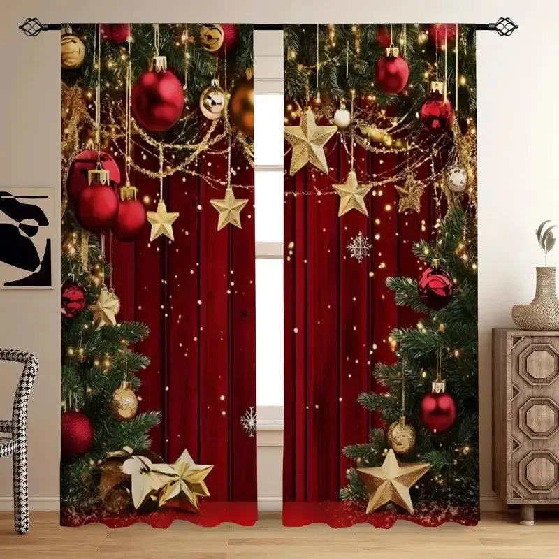 2PCS Digital Print Curtain, Gold Stars and Red Christmas Ornament Balls, Pine Branches and Lights on Red Wood, for Bedroom Decor