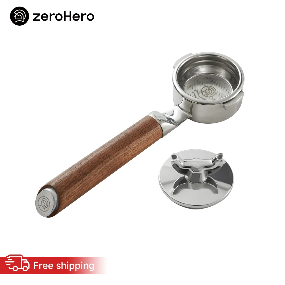 zeroHero Dual Extraction Portafilter 58mm Fine Mesh 304 Steel Wood Handle for Espresso Machine Home Barista Coffee Shop Pros Set