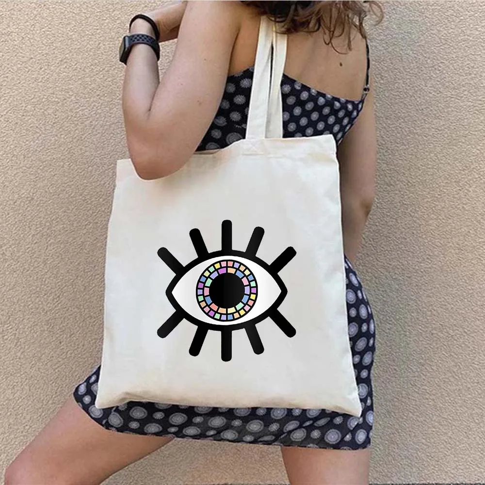 Greek Nazar Evil Eyes Pearl Love Heart Lotus Flower Graffiti Sun Rays Men Women Canvas Shoulder Tote Bag Shopping Beach Handbags