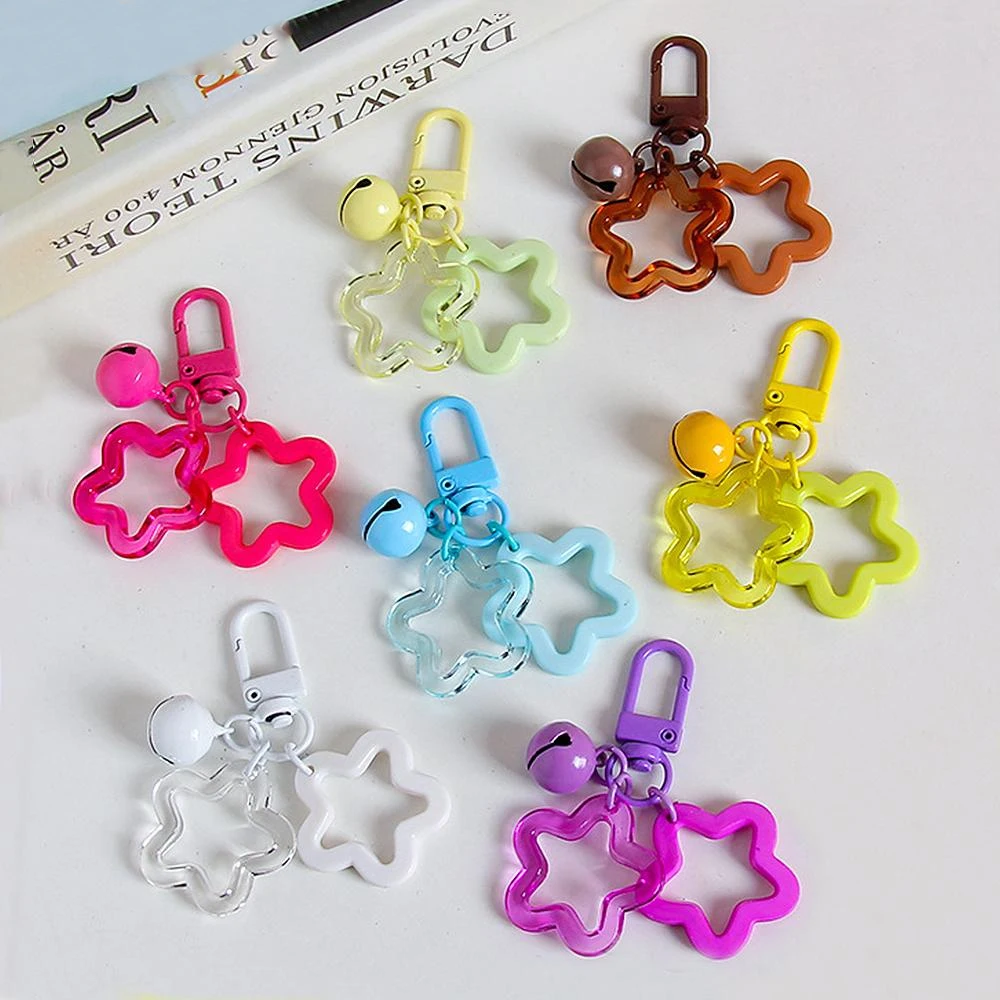 Colorful Acrylic Hollowed Out Pentacle Keychain Wommen Bag Pendents Cute Baking Paint Bell Accessories Headphone Cover Deco