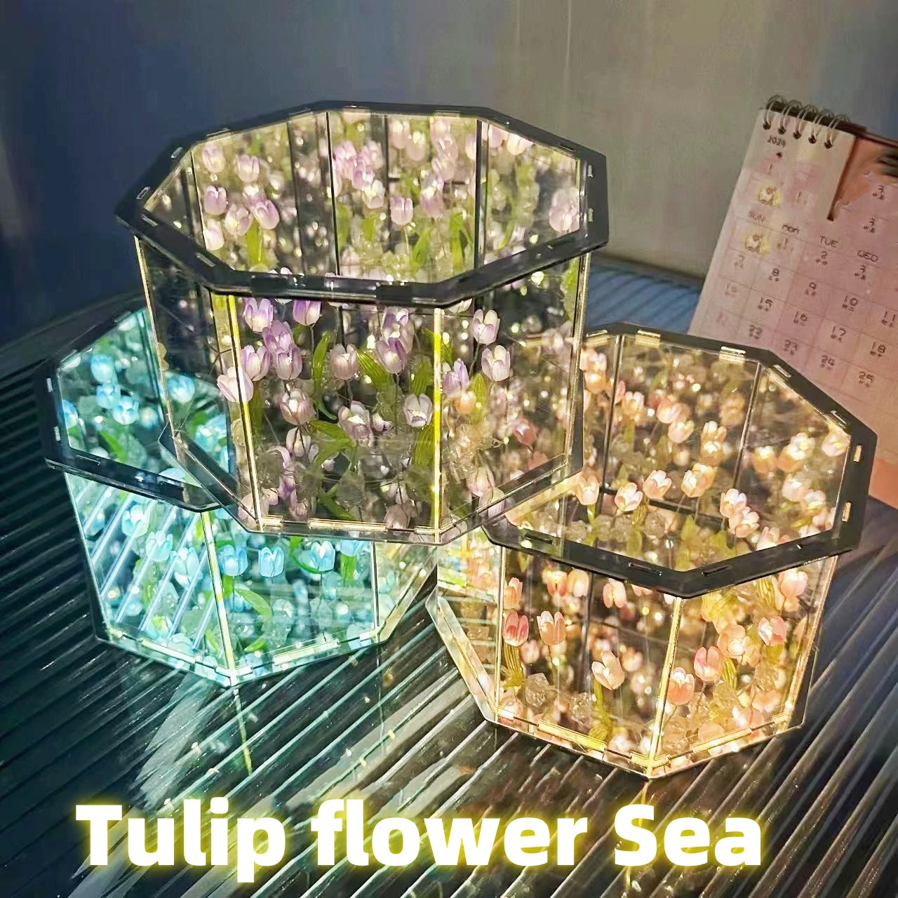 DIY Tulip Mirror Cube Lamp Simulation Flower Bedroom Sleeping Table Lamp Handmade Craft Rose Mirror Night Light Birthday Gifts