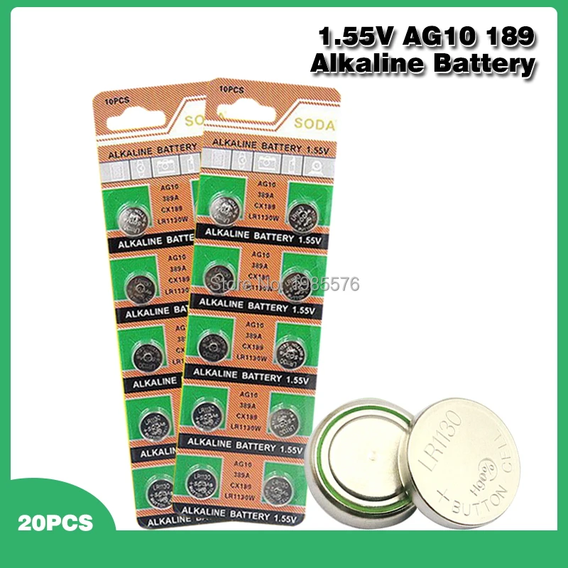 بطاريات قلوية 1.55 فولت AG10 L1131 389 189 LR54 LR1130 ، زر خلية للساعات ، الحاسبة ، الكمبيوتر ، 20 قطعة