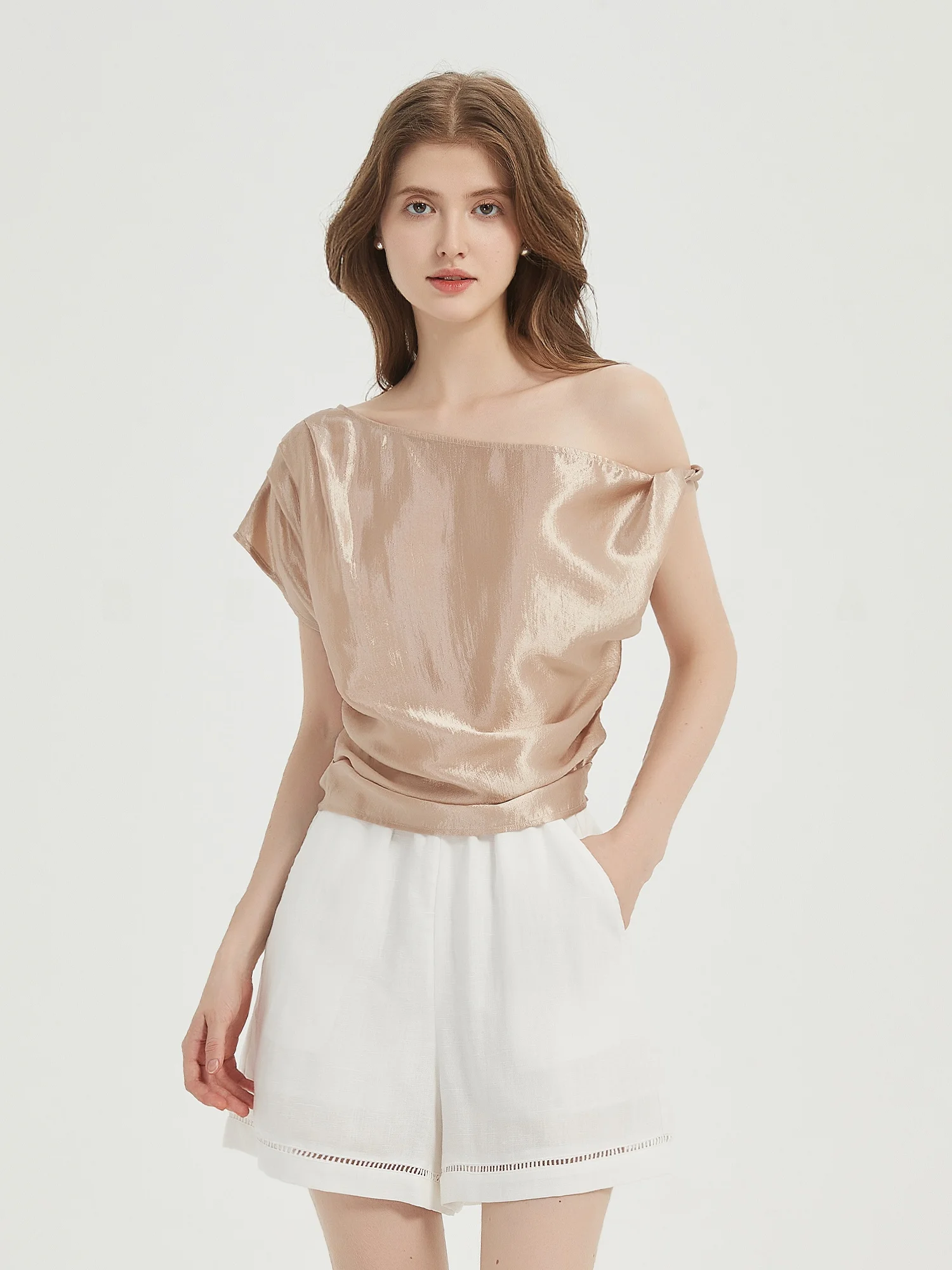 

Asymmetrical Shoulder T-Shirt BEA HEA Silk Blend Lurex Short Sleeve Women's Summer Top Irregularist Casual Commute Style