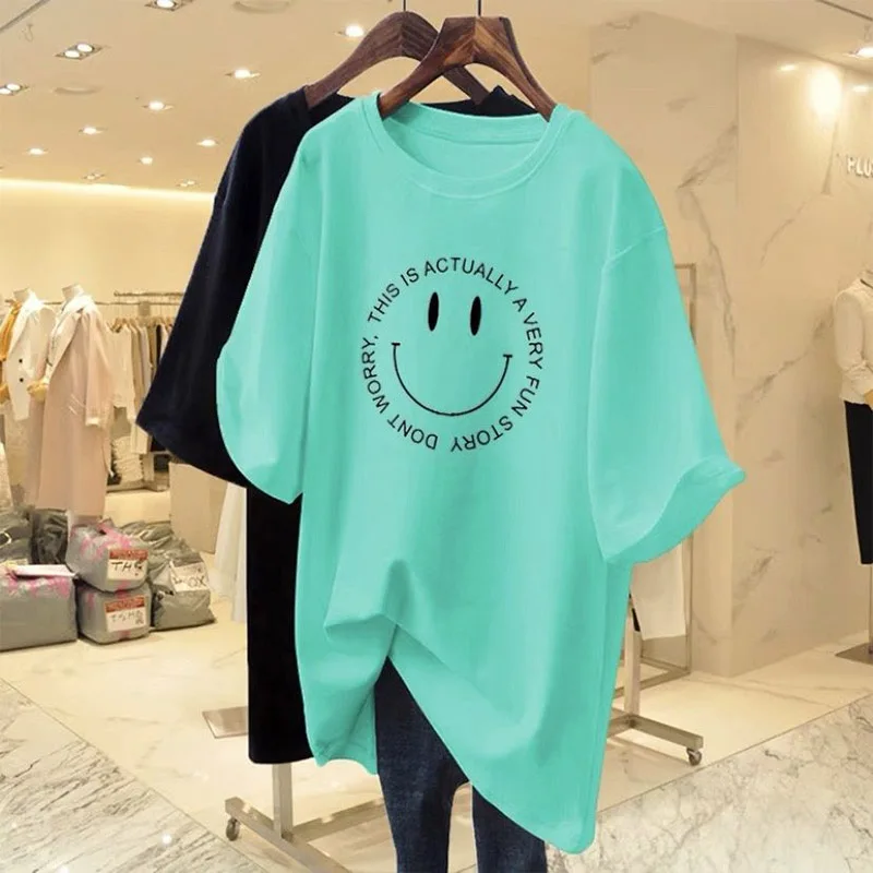 Women\'s Fashion Loose Pure Cotton Smiling Face Short Sleeved T-shirt Summer New Fashion Versatile Basic Top Tees