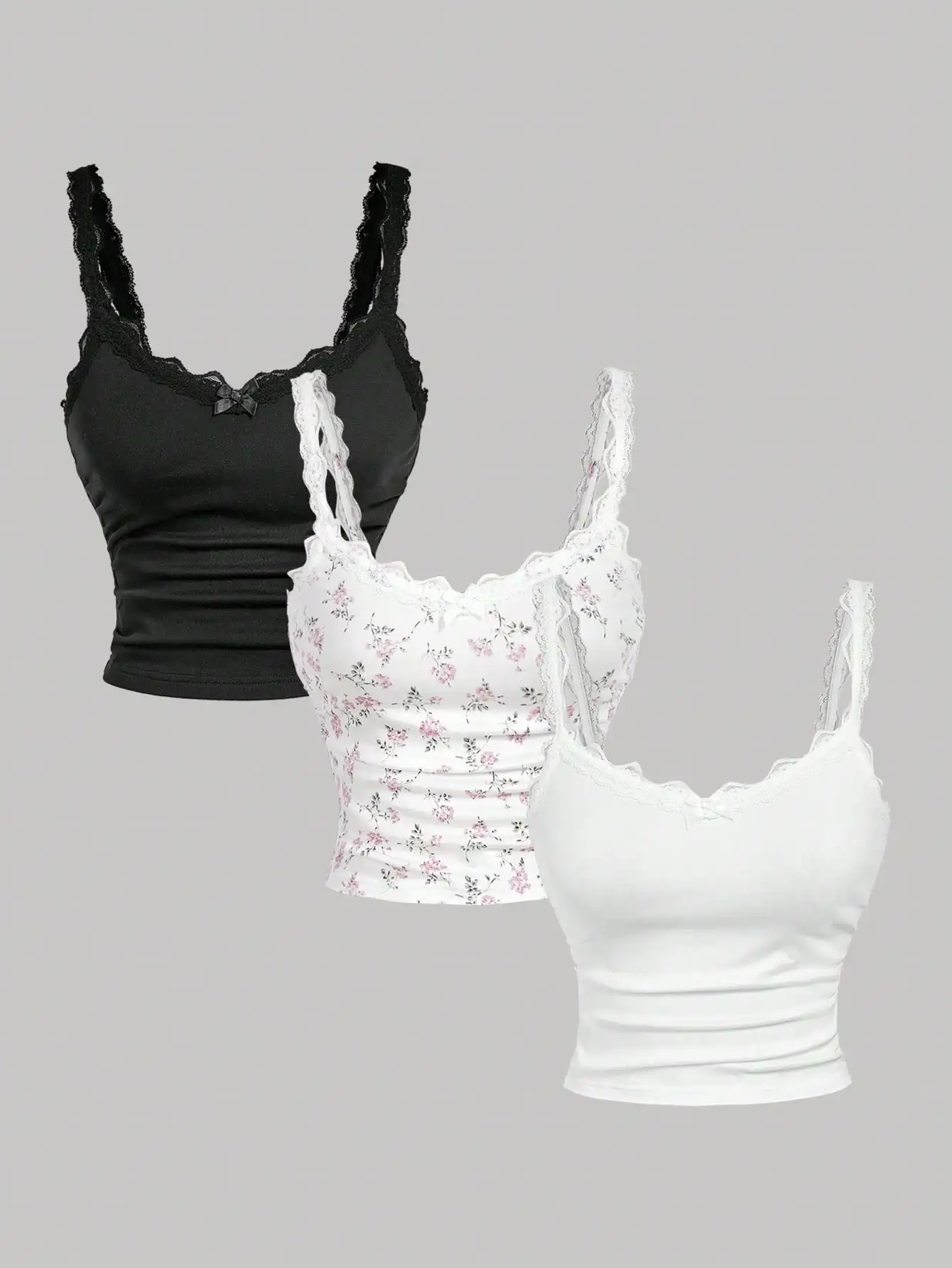 3-Pack Contrast Lace Bow Cami Top Set, Feminine Girly Cute, Holiday Christmas New Year Layering Top for Women