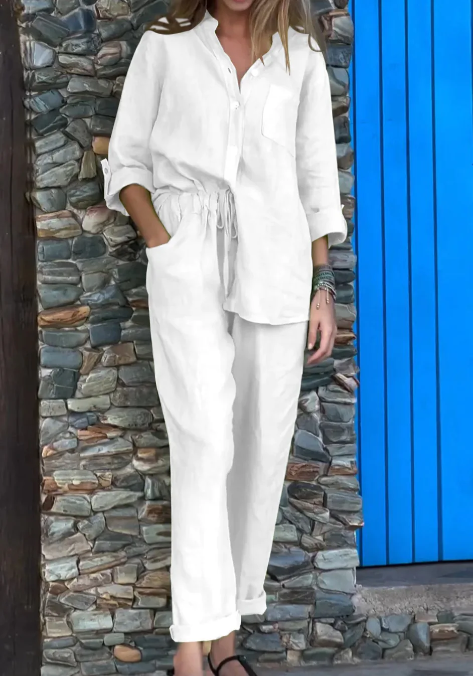 Summer Outfits for Women 2025 Fashion Loose Elastic Wrinkle Long Sleeve Shirt Wide Leg Pants Casual Set for Women 2 Piece Set