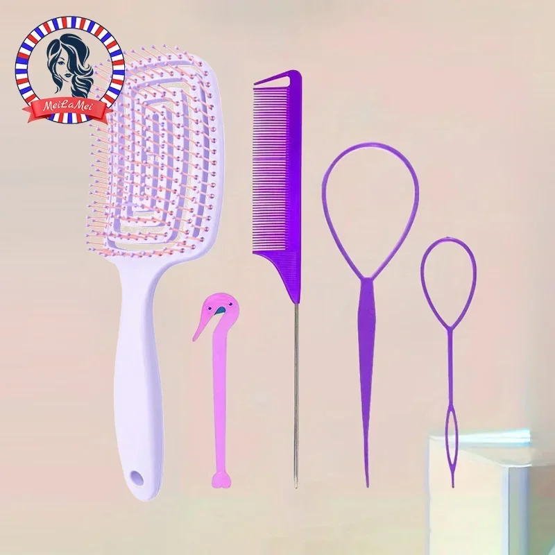 5-Piece Comb Set Braiding Tool with Mouse Tail Comb Massage Comb Ponytail Holder Head Rope Remover Styling Accessories for Hair