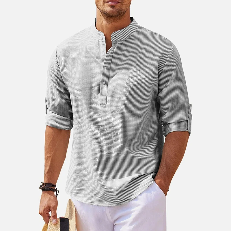 New Men\'s Casual Shirts Cotton Linen Shirt Loose Tops Stand-Up Collar Long Sleeve Shirt Spring Autumn Casual Beach Style Blouse