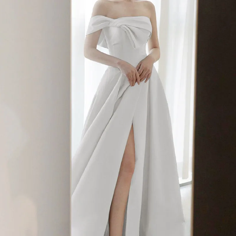 GIYSILE Elegant Slit Satin Evening Dress New Long luxury Dress French Banquet Birthday Party Prom Dress Bride Wedding Dresses