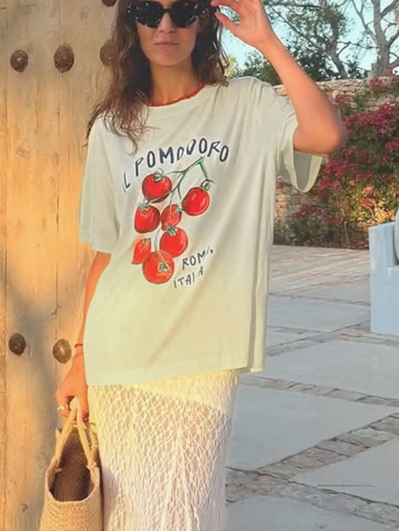 Damska koszulka z krótkim rękawem i okrągłym dekoltem z nadrukiem pomidorów, urocza estetyczna koszulka owocowa, modna odzież damska, stroje plażowe