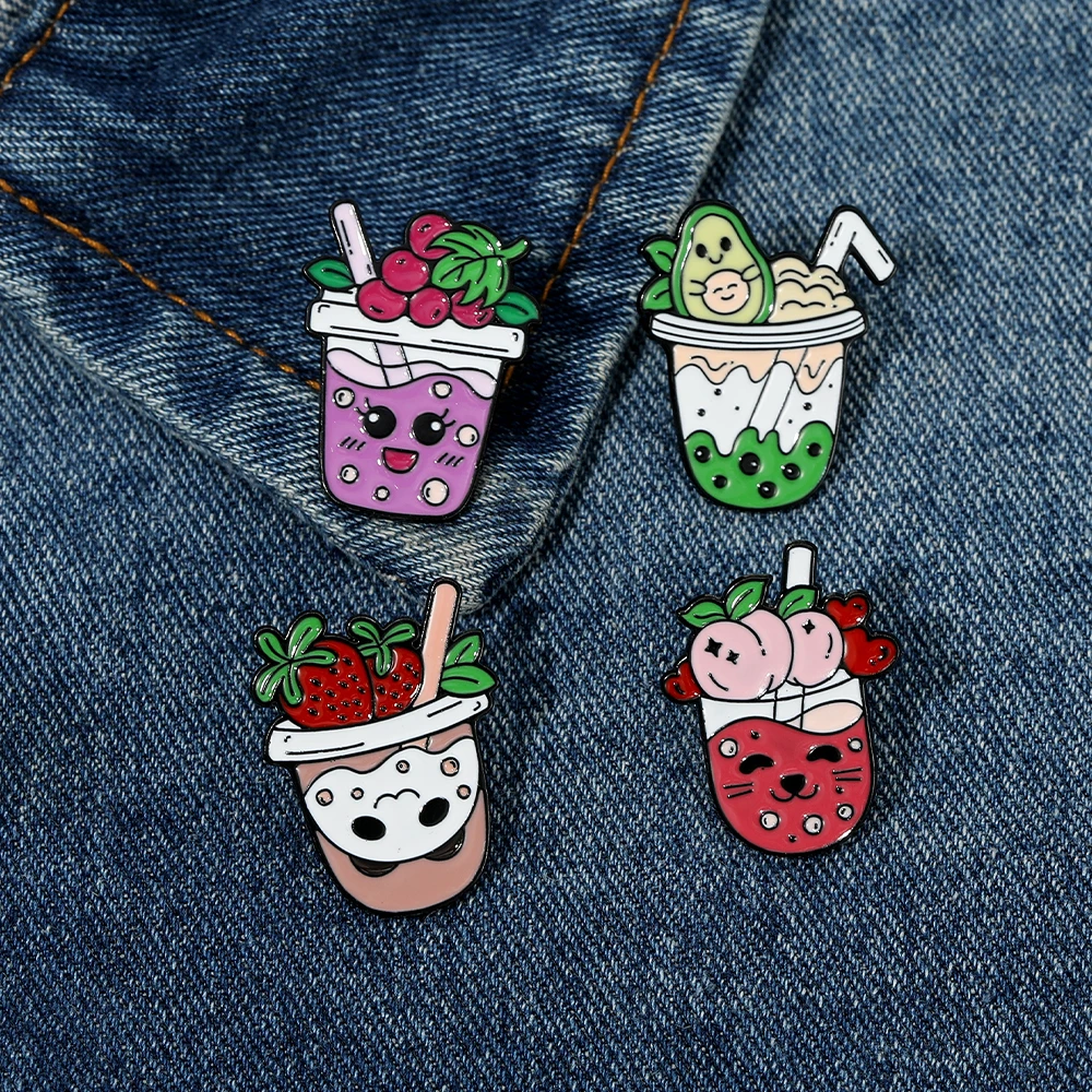 Pretty Cat Pattern Juice Theme Pins Avocado Peach Strawberry Grape Cold Drink Enamel Brooches Cheap Jewelry Wholesale