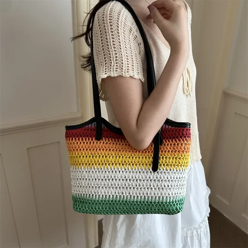Rainbow Straw Beach Bag Women's Versatile Vacation Casual Handheld Shoulder Bag Large Capacity Commuter Woven Tote Bag