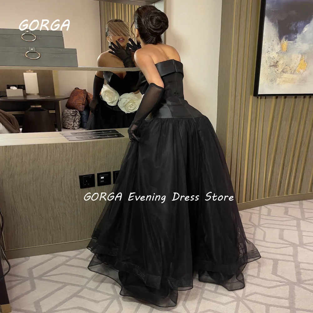 GORGA Black senza spalline Satin 3D Flowers a-line Prom dress 2024 Slim Backless Tulle abito da sera formale lungo fino al pavimento