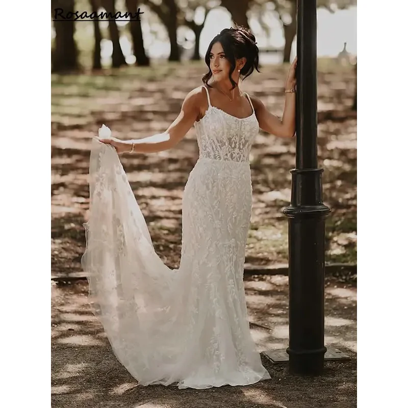 

Village Illusion Spaghetti Straps Mermaid Wedding Dresses Sleeveless Appliques Lace Boho Bridal Gowns