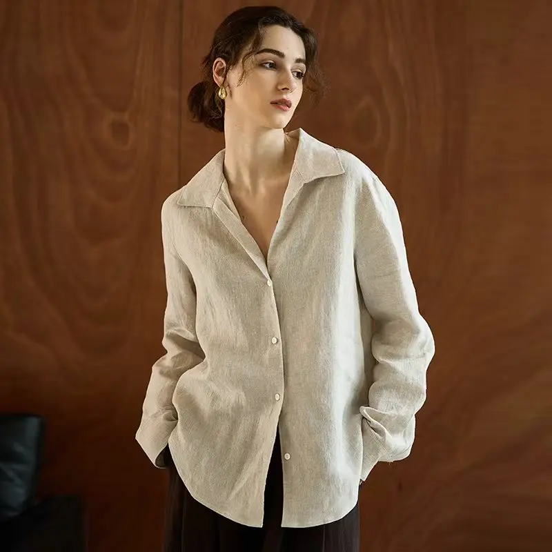 100% Linen Long-Sleeve Women's Shirt High-Quality V-Neck Design Loose-Fit Shirts with Lapel Spring Office Ladies Tops