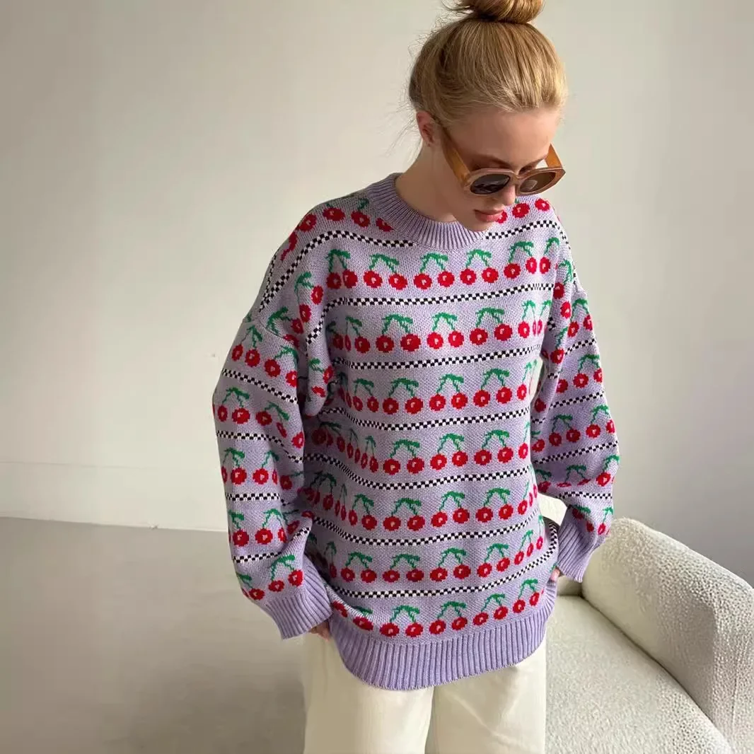 Round Neck Cherry Sweater European and American 2024 Autumn New Mid-Length Retro Knitted Round Neck Sweater